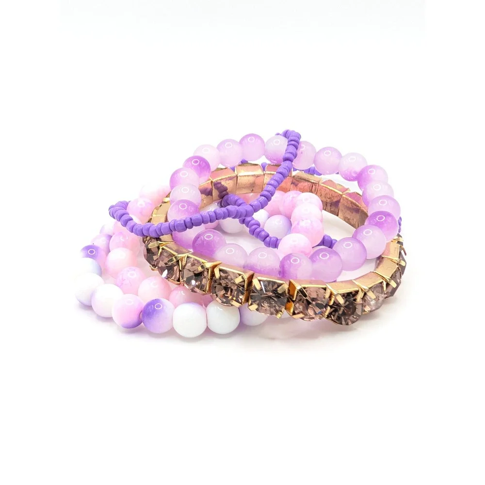 6pc Purple Beaded Stretch Bracelet Stack Gold Tone Crystal Accents Boho